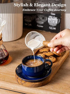 Gomakren 6 Ounce Cappuccino Cups with Saucers and Metal Stand, Stackable Coffee Cup Set of 4, Halloween Porcelain Espresso Cups for Coffee Drinks, Cappuccino, Latte, Americano, Tea, Cobalt Blue