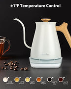 Harriet Gooseneck Electric Kettle - 1200W Fast Heat, 0.8L Stainless Steel, Precision Temp Control & Timer, Wood Handle, Pour Over Coffee and Tea, White