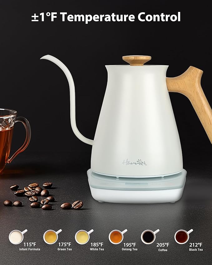 Harriet Gooseneck Electric Kettle - 1200W Fast Heat, 0.8L Stainless Steel, Precision Temp Control & Timer, Wood Handle, Pour Over Coffee and Tea, White