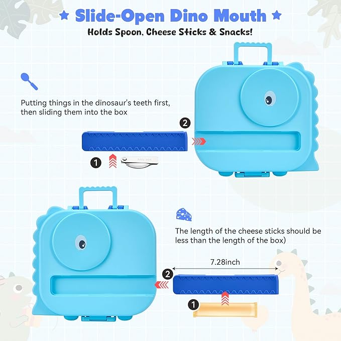 Bento Lunch Box with Thermo, 4-Compartment Bento Box with Adjustable Dividers, Leakproof Dinosaur Lunch Box with 14.2OZ Insulated Food Jar & Sauce Jar, for School Office Travel (Blue)