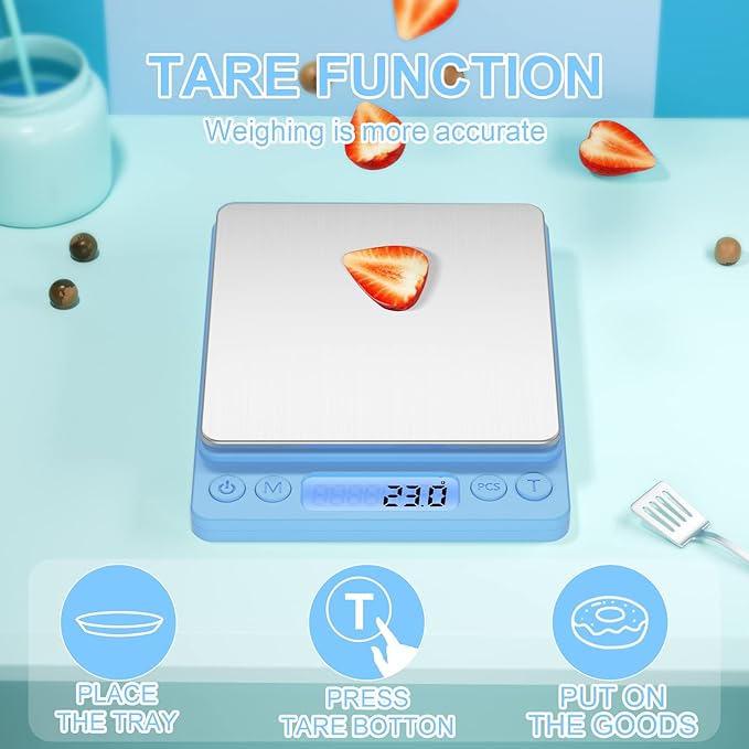 Digital Food Scale for Food Ounces and Grams，YONCON 3000g/0.1g Accuracy Multifunctional Kitchen Scale for Cooking, Baking | Small Size for Easy Storage | 2 Trays，Tare Function
