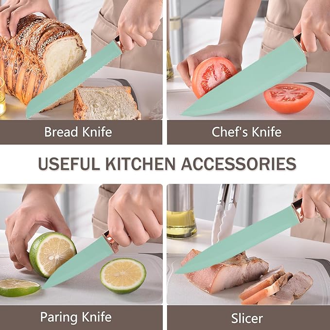 Cooking Utensils Set - 19 Piece Set with 11 Spatulas, 6 Sharp Knives, Silicone Utensils & Cutting Board (Green)