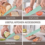 Cooking Utensils Set - 19 Piece Set with 11 Spatulas, 6 Sharp Knives, Silicone Utensils & Cutting Board (Green)