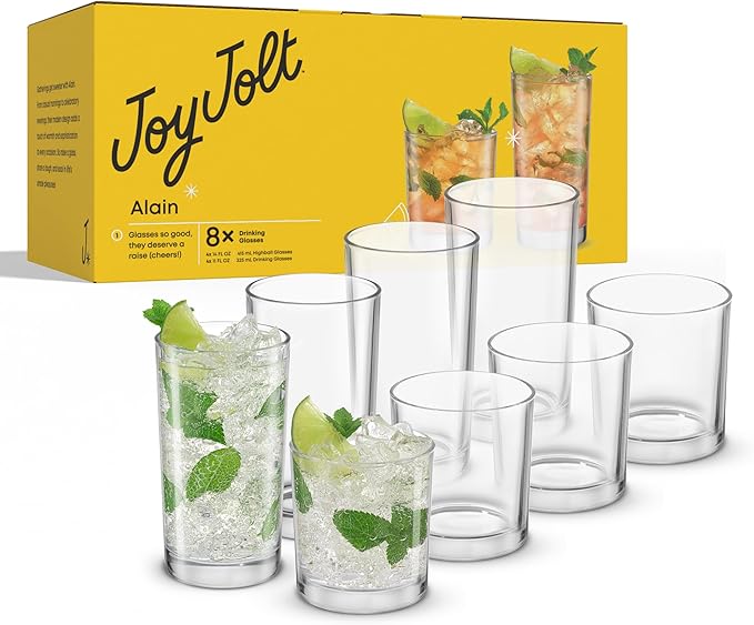 JoyJolt Alain Drinking Glasses Set of 8 Glass Tumblers. Highball 14oz Bar Glasses and Lowball 10oz Rocks Glasses Set. Cocktail, Juice, Whiskey Glasses or Water Glasses. Kitchen or Bar Glassware Set