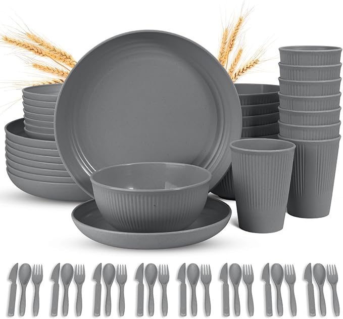 LAERJIN 56 Piece Wheat Straw Dinnerware Sets,Unbreakable Reusable Dinnerware Set,Dishwasher & Microwave Safe Plates and Bowls Sets, for Apartment Essentials, Outdoor Camping, Gray