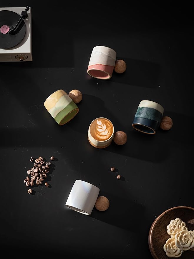 2-Oz Ceramic Espresso Cups with Wood Handle, 2/4-Piece Set for Coffee, Tea, Latte - Dishwasher Safe, Multi-Color & Wood Styles, Gift & Café Use (pink, Round Handle4)