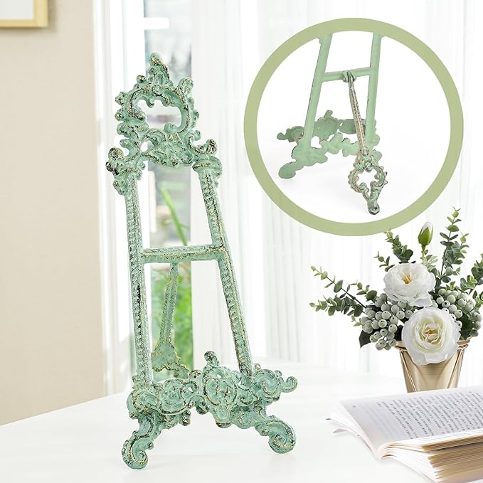 Sungmor Vintage Cast Iron Cookbook Stand, Small Ornate Easel Fleur De Lis Stand, 15.5" Tall Antique Green Table Top Display Holder for Recipe Book, Picture Frame, Plate, Home Kitchen Decor