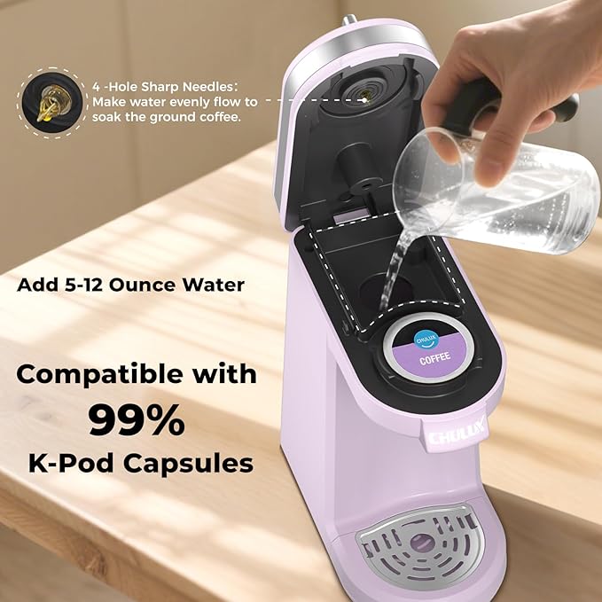 CHULUX Mini Coffee Maker for K Capsule, Single Serve Coffee Maker for One Cup Americano, Lightweight Pod Coffee Machine, Lavender