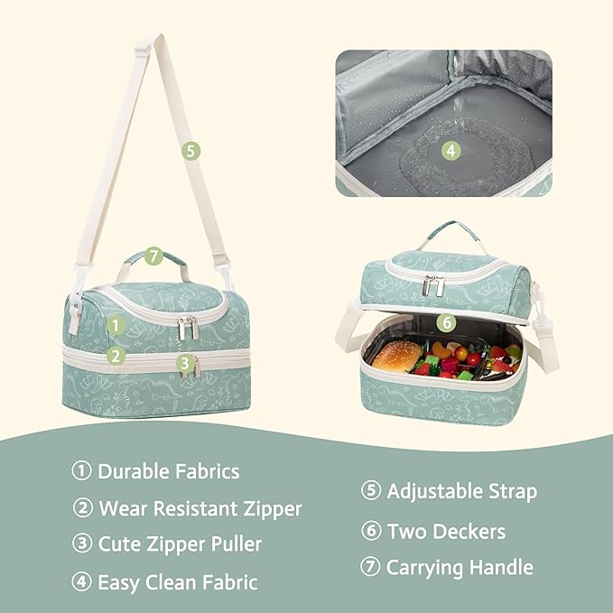 Insulated Kids Dual Compartment Lunch Bags Tote for Girls Boys Toddler Lunch Boxes Pre-School Toddler Kindergarten Picnic Camp Food Cooler Thermal with Strap