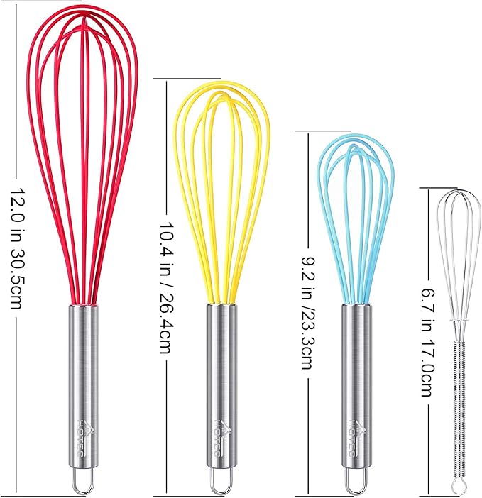 HOTEC 4 Pieces Silicone Whisks Set, Wire Balloon Whisks Egg Beater, Non-slip Handle Whisk for Non-stick Cookware Perfect for Cooking, Stirring, Beating and Blending (Multicolor)