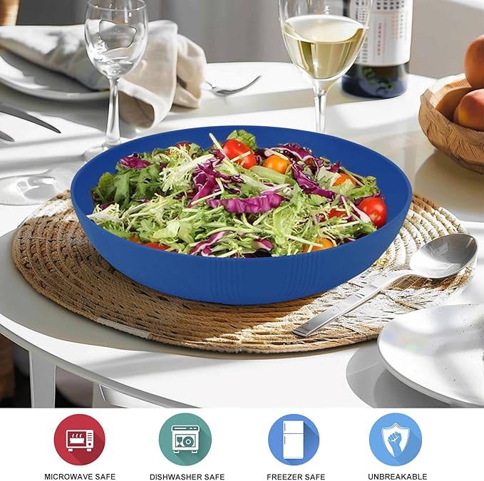65oz Wheat Straw Large Salad & Soup Bowls Set of 2, Unbreakable, Microwave & Dishwasher Safe, Plastic Bowls for Kitchen, Camping, School - Blue