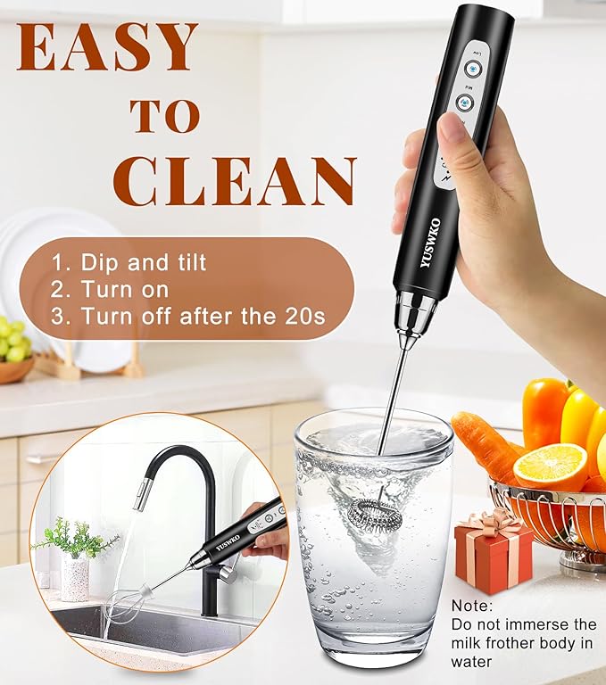 YUSWKO Milk Frother Handheld for Coffee, Rechargeable Drink Mixer with 3 Heads 3 Speeds Electric Coffee Frother Whisk, Gift for Many Occasions and Festival