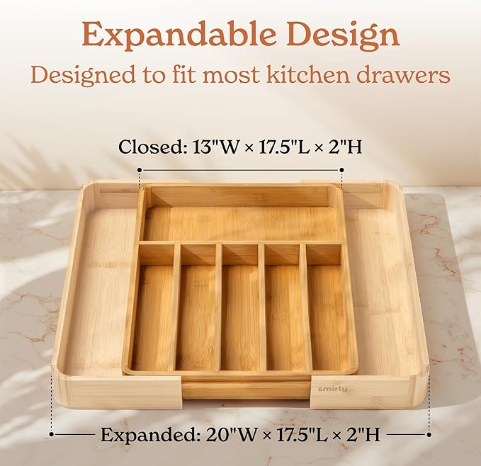 SMIRLY Silverware Drawer Organizer – Bamboo Kitchen Drawer Organizer, Adjustable Utensil Holder and Cutlery Tray, Drawer Dividers for Flatware and Kitchen Utensils