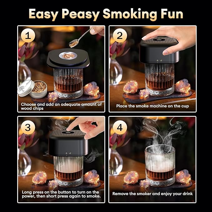 Whiskey Smoker Kit with 6 Wood Chips – Electric Cocktail Smoker Kit with Built-in Lighter & LED Light, Old Fashioned Bourbon Drink Smoking Kit Gifts for Men, Dad, Husband, Whiskey Lovers