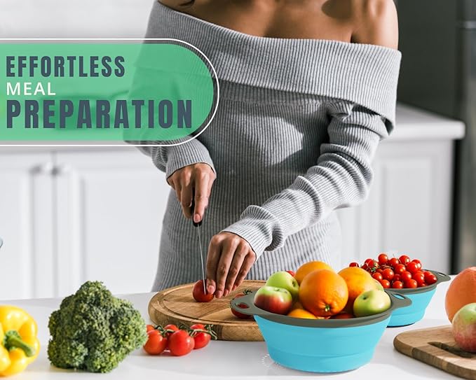 Ultimate Kitchen Strainers Set of 2 - Collapsible Silicone Colanders For Easy Storage by Comfify - Use with Pasta & Veggies or as a Fruit or Berry Bowl with Strainer - Irreplaceable for Campers - Blue