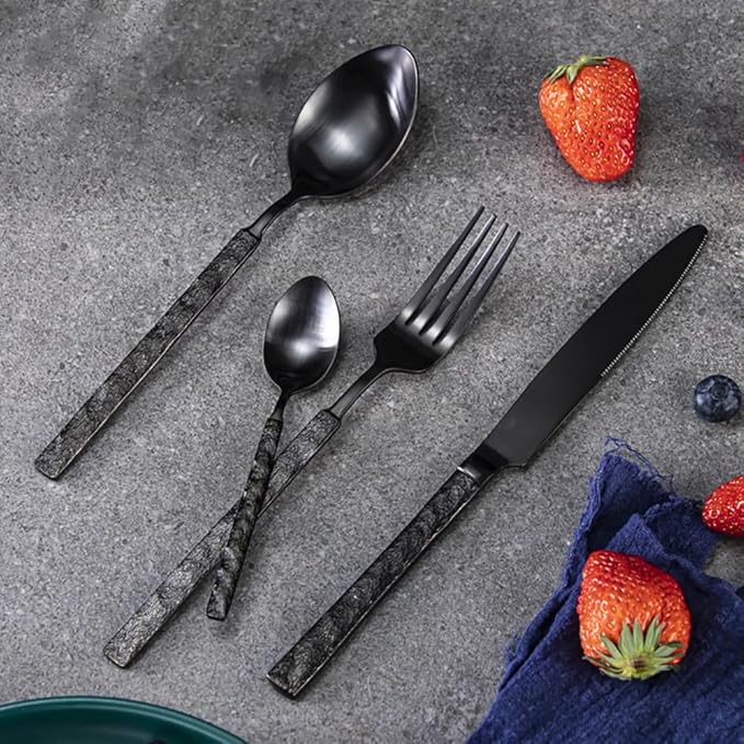 Black Silverware Set for 8 Modern Square Flatware Set Stainless Steel 32 Piece Cutlery Utensils Sets for Home Kitchen Restaurant Mirror Polished