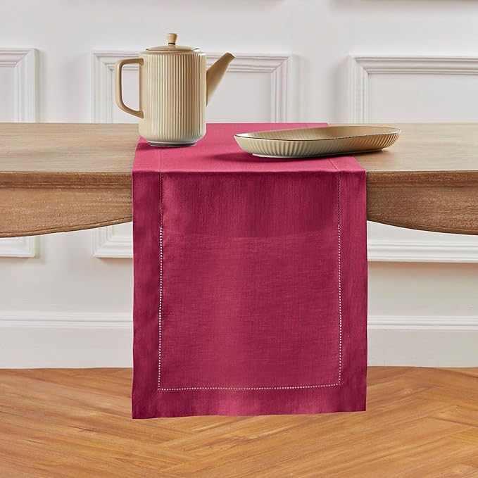 Solino Home Linen Beet Table Runner 72 Inches Long - 100% Pure Linen Hemstitch Table Runner 14 x 72 Inch for Dresser, Dining, Summer, Fall, Autumn, Halloween - Classic Hemstitch