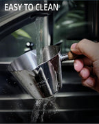 Stainless Steel Espresso Cup - Espresso Shot Cup with Wooden Handle -Measuring Cup with Double Spouts - 4.1OZ/120ML, Bright Silver