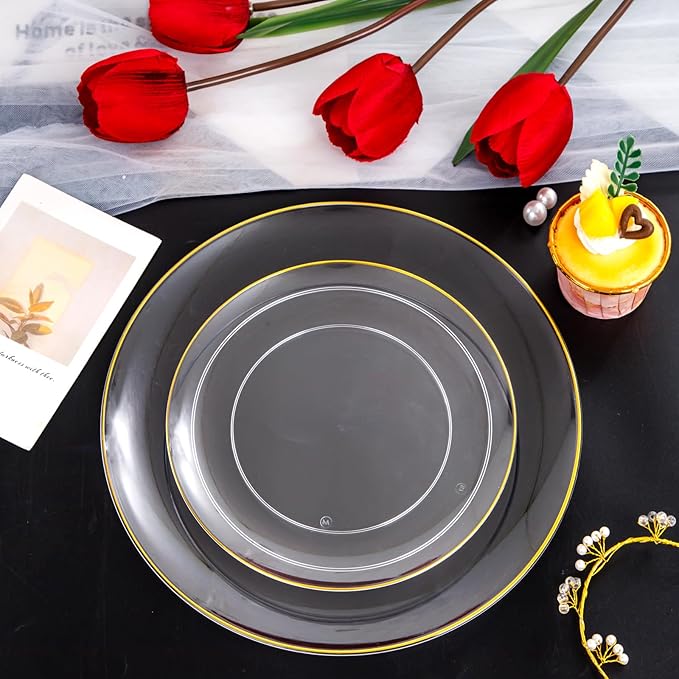 PULOTE 100PCS Clear and Gold Plastic Plates - Heavy Duty Clear Disposable Plastic Plates With Gold Trim for Wedding&Party Include 50 Dinner Plates, 50 Dessert Plates