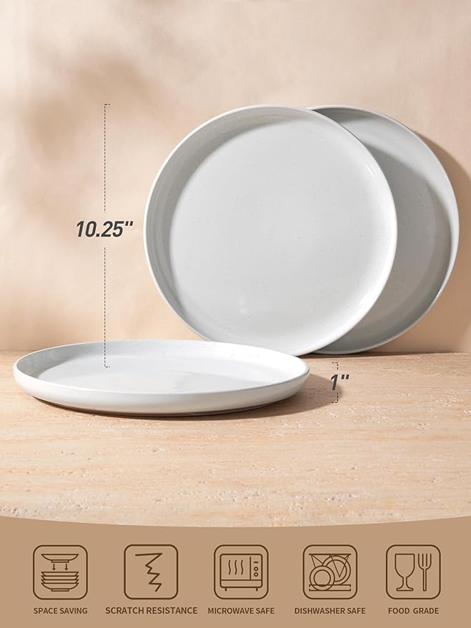 famiware Milkyway Dinner Plates, 10.24 inch Dessert Plates for 6, Stoneware Dish Set for Kitchen, Speckled Handmade Ceramic Plates, Microwave and Dishwasher Safe, White with Speckled