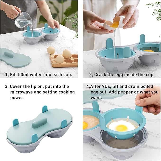Microwave Egg Poacher with Lid, Double Cup Design, Turquoise and Gray, Food Grade PP Material, 8.7x4.3 Inch, Anti-Slip Bottom, Quick Egg Cooking