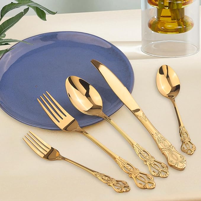 Retro Royal Gold Silverware Set With Gift Box, 60-Pieces Cutlery Set Utensils Stainless Steel Flatware For 12 MIKIWAY Kitchen Tableware Set For Gifts Festive, Dishwasher Safe, Mirror Polishing