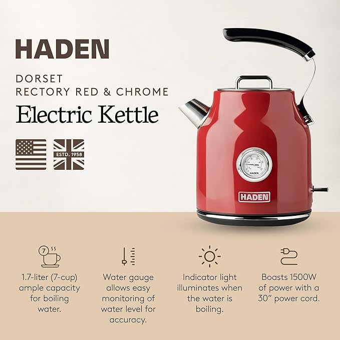 Haden Dorset 1.7 Liter Stainless Steel Electric Kettle, Hot Water Kettle with 360-Degree Base and Auto Shutoff, Rectory Red