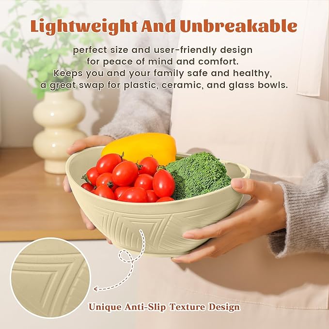 Homienly Salad Bowls Set of 6, 60 OZ Large Wheat Straw Bowls for Kitchen, Camping, Party, Unbreakable Lightweight Popcorn Bowl, Microwave and Dishwasher Safe Bowl Set with Unique Texture - Beige