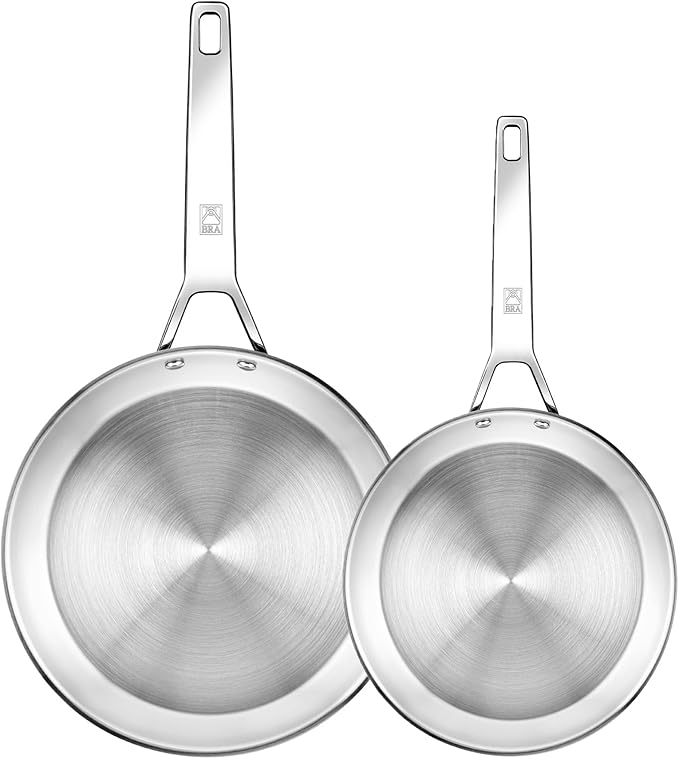 BRA COOKWARE Signature 2 Frying Pan Set | 8 + 10.2 inches Professional Skillet | Stainless Steel Frypan | All Stovetop Compatible Skillet | PFOA Free | w/o Non-Stick Coating | Polished Finish