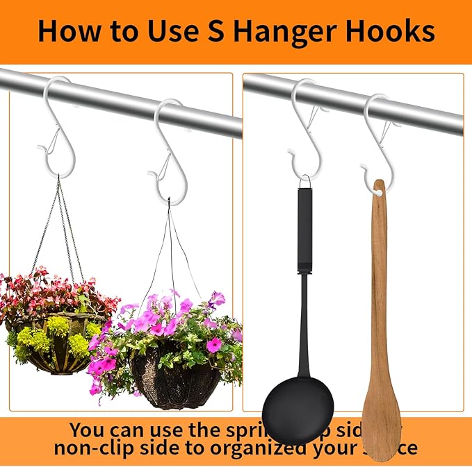 36 PCS S Hooks for Hanging with Safety Buckle, 3.5 inch Heavy Duty Metal S Shaped Hook for Kitchen Utensil, Cups, Pots, Plants, Bags, Hats (White)