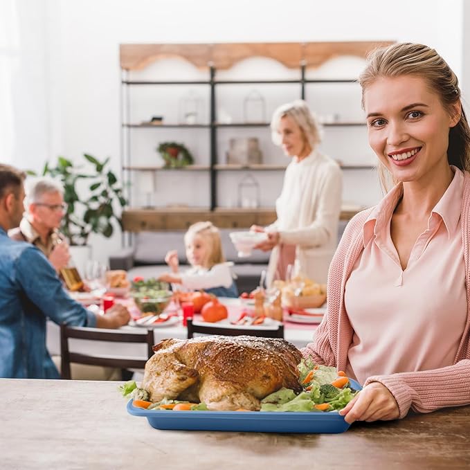 Sunsetbaby Silicone Bakeware Cake Pan, Rectangular Baking Dish with Handles, Compatible with Fancy Panz, for Lasagna, Cake, Brownie or Family Dinner, 12.6 x 9.8 x 2.1 Inch (2 Pack, Blue)