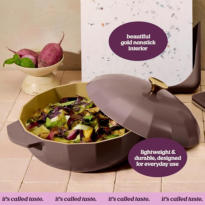 Cravings by Chrissy Teigen The Perfect Pan 5.3 Qt Dutch Oven Pot with Lid, Nonstick Lightweight Aluminum Everyday Pot with Steamer/Strainer Insert, Oven & Stovetop Safe (Mauve)
