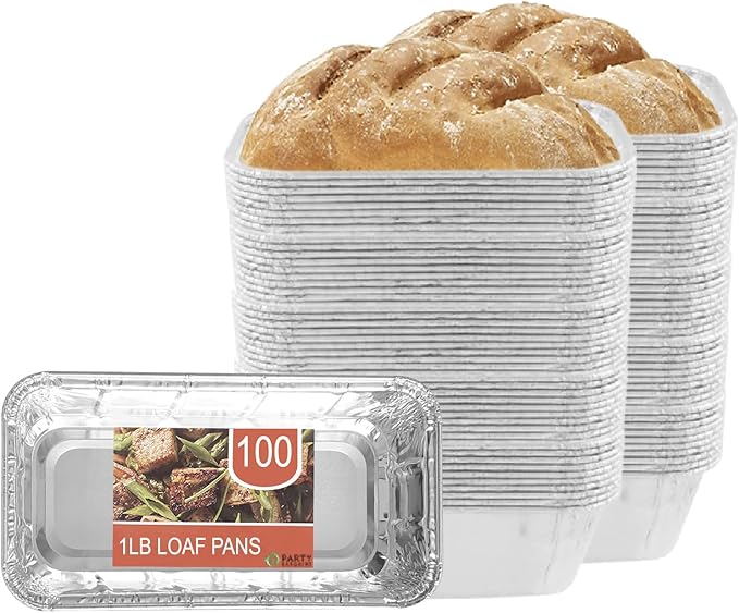 PARTY BARGAINS 1 Lb Aluminum Loaf Pan - 100 Pack, Heavy Duty Disposable Bread Pans for Perfect for Baking, Lasagna, Meatloaf & Food Serving (Max 240°C)
