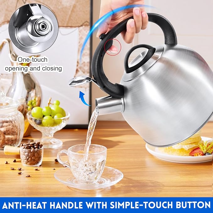 GGC Whistling Stove Top Tea Kettles, 304 Stainless Steel Tea Kettles with Anti-Heat Handle, 2.7QT/3L Tea Pot for Boiling Water, Coffee or Milk