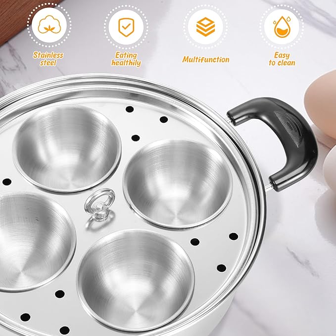 Egg Poacher Pan Stainless Steel Poached Egg Maker with 4 Cups Nonstick Stovetop Egg Cooker Pot for Induction Cooktop (Silver, 1-Pack)