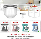 Ice Cream Maker Attachment for Kitchenaid Stand Mixers, Compatible with 4.5Qt to 7Qt for Kitchenaid Mixers, 2-Quart Capacity, Sorbet Gelato & Ice Cream Maker for Kitchenaid Mixer Attachments, White