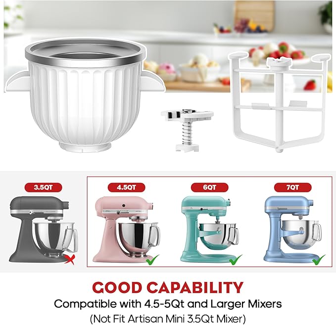 Ice Cream Maker Attachment for Kitchenaid Stand Mixers, Compatible with 4.5Qt to 7Qt for Kitchenaid Mixers, 2-Quart Capacity, Sorbet Gelato & Ice Cream Maker for Kitchenaid Mixer Attachments, White