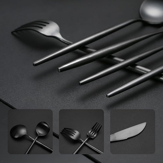 40 Pieces Matte Black Silverware Set, Stainless Steel Black Flatware Set for 8, Satin Finish Spoons and Forks Silverware Set, Black Cutlery Utensils Set, Dishwasher Safe