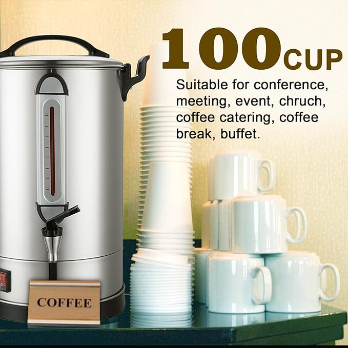 Commercial Coffee Urn Large Coffee Maker 100 Cup Coffee Maker Industrial Coffee Dispenser 1300W Quick Brew Dual Wall Stainless Steel Hot Water Urn Tea Maker Machine for Wedding, Catering, Events