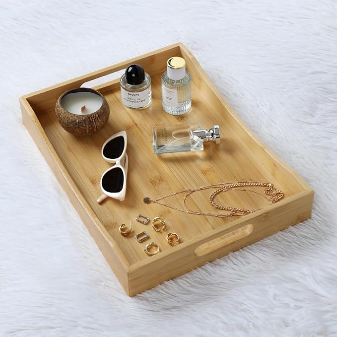 Gobam Bamboo Serving Tray with Built-in Handles, 16.5 x 12.4 inch Large Wooden Breakfast Trays for Bed, Coffee Table & Ottoman, Rectangular Decorative Tray for Entryway, Kitchen, Dining & Living Room