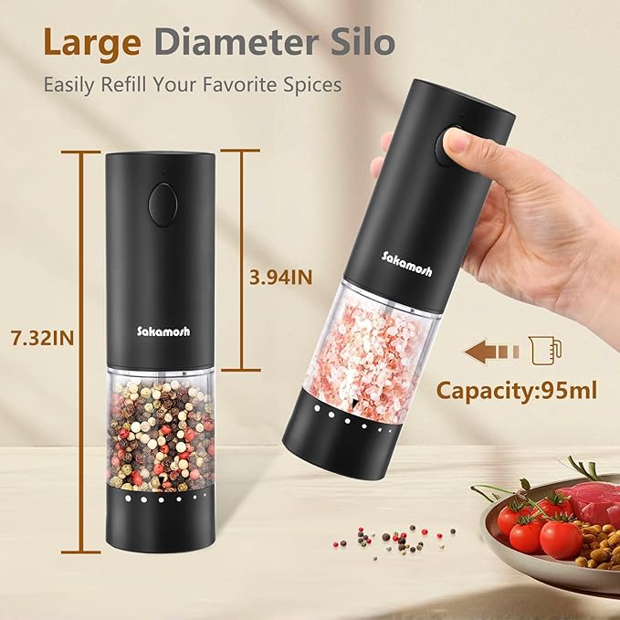 Electric Black Salt and Pepper Set with base, Rechargeable 6 External Adjustable Coarseness Automatic Pepper Mill Shakers, 95ml Large Capacity, One-Handed Operation 2 Pack