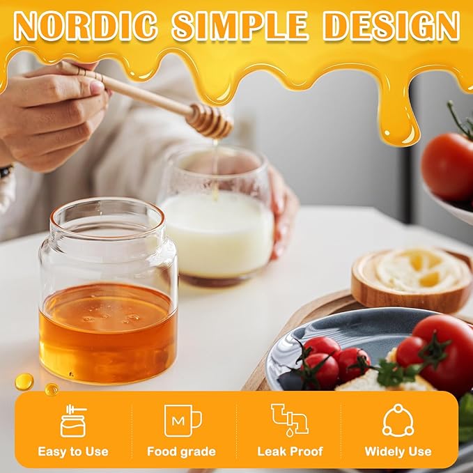 No Drip 18oz Glass Honey Jars with Wooden Dipper & Airtight Lid, Leakproof Kitchen Storage for Raw Honey Pot with Stick