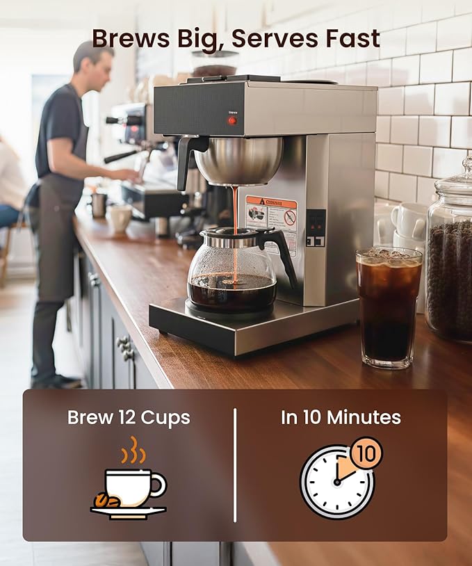 SYBO 12 Cup Coffee Maker Commercial, Pour Over Coffee Maker Brewer, Industrial Stainless Steel Cafetera with 2 Warmers