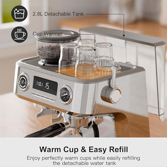 Kismile Dual Boiler Espresso Machine with Grinder, 20 Bar Espresso Maker with Milk Steamer & Hot Water, Dual LED Display, Pressure Gauge, Burr Grinder, coffee Machine for Home&Office, Stainless Steel