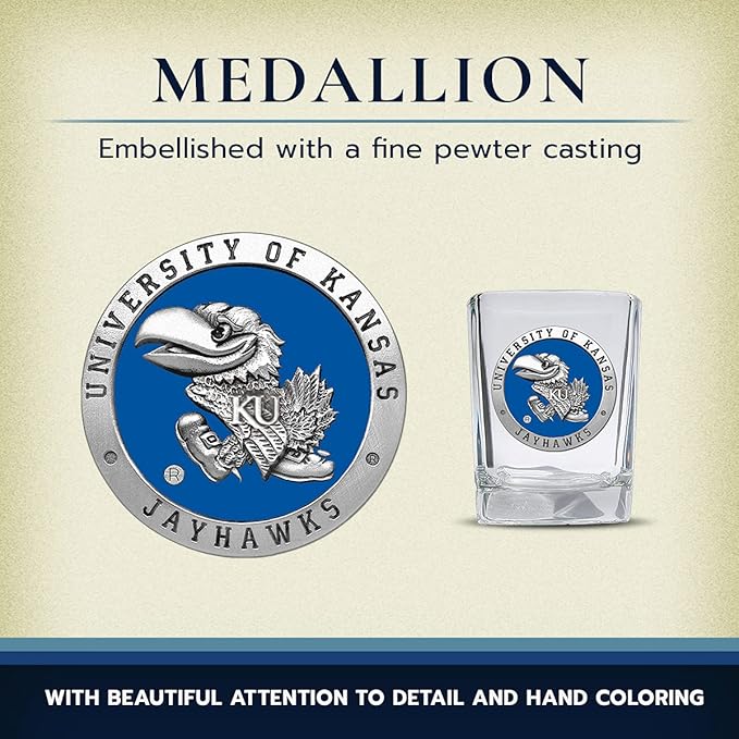 Heritage Pewter University of Kansas Jayhawks Square Shot Glass | Hand-Sculpted 1.5 Ounce Shot Glass | Intricately Crafted Metal Pewter Alma Mater Inlay