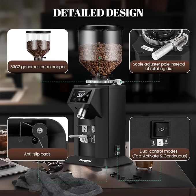 Huanyu Professional Coffee Grinder with 74mm Flat Burr 53ounce Bean Hopper 15 Infinite Grinding Settings Electric Coffee Grinder with Touching Screen Black