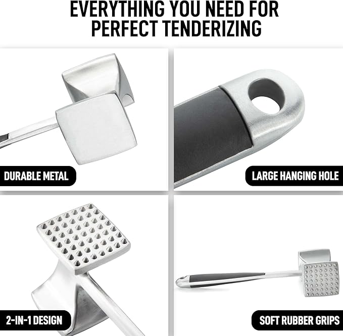 Zulay Kitchen Professional Meat Tenderizer Tool - Dual Sided Meat Mallet Pounder With Comfort Grip Handle - Heavy Duty Meat Hammer Tenderizer - Meat Tenderizer Mallet & Meat Pounder - (10”) Black