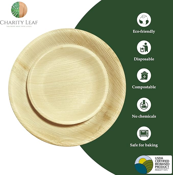 Palm Leaf Round Dinnerware Set Bulk | 10" (100 pack) & 7" (100 pack) Bamboo Like Plates | Natural & Disposable | Perfect for Events & Catering