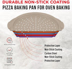 Non-Stick Pizza Pan with Silicone Handle 1 Pack, 13 Inch Round Carbon Steel Tray with Perforated Holes, Dishwasher & Oven Safe Up To 450°F, PFOAPFOSPTFE Free, Durable Nonstick White Marble Coating