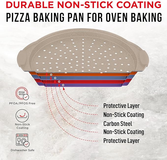Non-Stick Pizza Pan with Silicone Handle 1 Pack, 13 Inch Round Carbon Steel Tray with Perforated Holes, Dishwasher & Oven Safe Up To 450°F, PFOAPFOSPTFE Free, Durable Nonstick White Marble Coating
